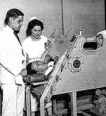 Polio patient in iron lung