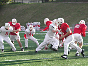 
St. John's football coach John Gagliardi says his unusual coaching style is simply a formula for winning games. But administrators say it fits with the school's approach to educating men. (MPR Photo/Jeff Horwich)