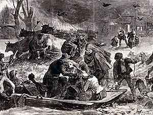 
An illustration from the Nov. 25, 1871 edition of Harper's Weekly magazine, showing residents seeking safety in the Peshtigo River.
 (Image courtesy of Wisconsin Electronic Reader)