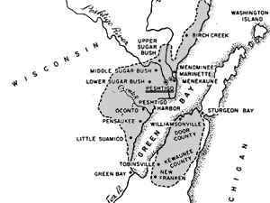 
Although the fire covered a very large area, it is known as the Peshtigo fire because the greatest loss of life and property occurred there. The shaded areas indicate the areas devastated by the fire.  (Image courtesy of Wisconsin Electronic Reader)