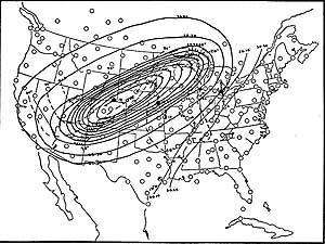 
U.S. Weather Bureau map for Oct. 8, 1871. This map shows the large low pressure system responsible for the winds that undoubtedly helped turn scattered forest fires into a massive firestorm. (Image courtesy of Wisconsin Electronic Reader)