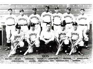
The 1935 baseball team from Bismarck, North Dakota, was one of the first teams to be integrated.  Pitcher Satchel Paige is in the back row, center. The coach, Neil Churchill, is in the front row, center. (Photo courtesy of Kyle McNary)
