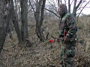 
Rakow spends as long as it takes to feel confident he did not hit the deer. He finds a few hairs in the brush. Rakow shot from about 25 yards, and decides the deer probably tensed up and the arrow flew just over its back. (MPR Photo/Jeff Horwich)