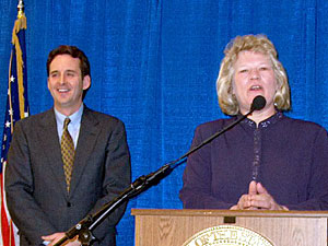 
Tim Pawlenty has taken the unprecedented step of naming his lieutenant-governor, Carol Molnau,  to head MnDOT.  At the press conference, he said the need for new leadership could not be more urgent. (MPR file photo)