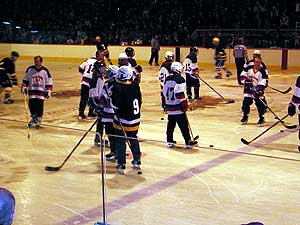 
Pawlenty's team included several female hockey players, including a member of the 2002 Olympic silver medal team. The women scored four of the team's six goals. (MPR Photo/Marisa Helms)