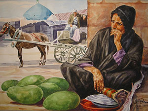 
Jaaim Al-Fadil, an artist from Basra in southern Iraq, painted this market scene.
 (Image courtesy of the Babylon Gallery)