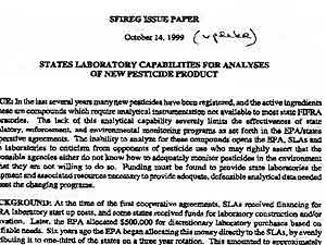 
The lack of this analytical capability severely limits the
effectiveness of state regulatory, enforcement, and environmental monitoring programs ... .  The inability
to analyze for these compounds opens ... laboratories to criticism from opponents of pesticide use, who may rightly assert that the responsible agencies either do not know how to adequately monitor pesticides in the environment, or that they are not willing to do so. (MPR Photo/Dan Gunderson)