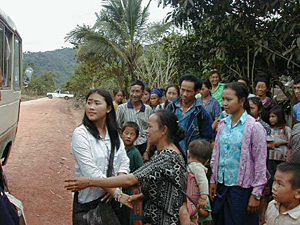 
This is a picture of when we were getting off
the bus to go to Sheng and Shau's grandparents'
village.  When we arrived there, there was a ton of
people crowded around us.
 (Photo courtesy of Soua Yang)