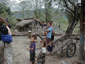 
This is in Sheng and shau's grandparent's
village.  The lady on the left is Kate.  On this
picture is a lady holding a baby.  This lady is the
second wife to her husband and the baby she is holding
is her baby.  When I asked her how old she was, She
answered  "I don't know."
 (Photo courtesy of Soua Yang)
