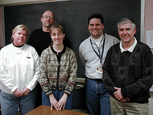 
Left to right Hermantown teachers Debbie Gulbrandson, Tom Rauschenfels, Dina Post, Mike Zagelmeyer and Jim Busch  (MPR photo/Dan Olson)