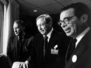 
Frank Stanton, far left, along with William Paley, CEO and founder of CBS, and Richard Salant, president of CBS News, on election night 1972. (Photo courtesy of CBS)