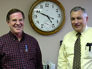 
Chief Financial Officer David Watling (left) and CEO Franz Altpeter of Hastings, Minnesota-based Intek Plastics, expanded in Wisconsin, not for tax purposes, but for strategic reasons. They say tax burdens in the two states are comparable, but Minnesota’s tax forms are more complex. (MPR Photo/Bill Catlin)