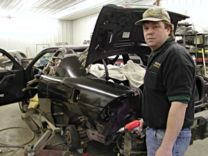 
Steve Roggenbuck, owner of Progressive Autobody and Glass in Ortonville, has made good use of the border city tax credit program.  Ortonville has only $43,000 of credits left to give, and it's not clear whether the legislature will renew the program. (MPR Photo/Jeff Horwich)