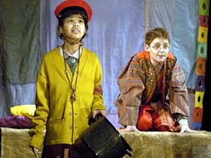
Helena (Gabrielle Anzczarski) and Abrasha (Miles Tagtmeyer) perform a play, "The Post Office," within the play.  (Photo courtesy of Children's Theatre Company)