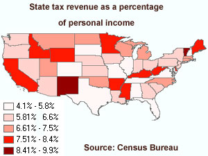 
The map shows how Minnesota compares with other states in terms of collecting taxes as a percentage of personal income. Those collections dropped more than five percent from 1997 to 2001.   (MPR graphic/Betsy Cole)