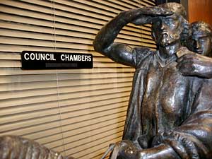 
Art and politics are found side by side in the Montevideo
city hall. (MPR Photo/Mark Steil)