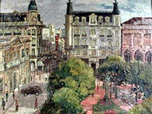 
This painting depicts Constitution Plaza in downtown
Montevideo, Uruguay. (MPR Photo/Mark Steil)