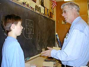 
Paulson often tries out his writing skills on his math students, in the form of the story problems he gives them for homework. (MPR Photo/Nikki Tundel)