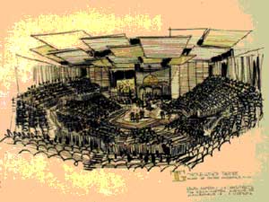 
An early sketch of the interior of the Guthrie Theater and its signature thrust stage. (Photo courtesy of Ralph Rapson)