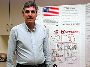 
Rochester resident Chuck Handlon plans to protest the concealed carry law by asking local businesses to post signs banning guns from their property. (MPR Photo/Erin Galbally)