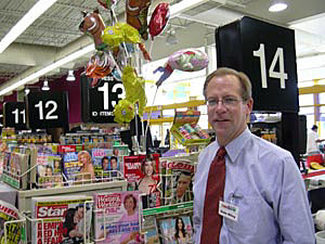 
Roundy's Dale Riley says he's eliminating displays that add clutter, including balloons at the checkout.
 (MPR Photo/Bill Catlin)