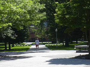 
A lone student strolls across the Minnesota State University campus. (MPR Photo/Bob Reha)