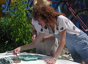 
Jill Waterhouse coordinates the cabaret which runs the evening before the Artcar Parade. "Working with artists is like herding cats. Working with artcar artists is like herding feral cats. When you see all these artcars together you get happy inside." (MPR Photo/Euan Kerr)