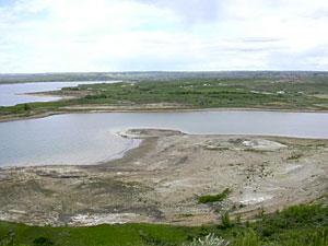 
Low water on Lake Sakakawea, reveals where the town of Sanish once stood. (MPR Photo/Bob Reha)