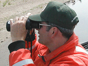 
Greg Pavelka, a wildlife biologist with the Army Corps of Engineers, counts birds and track nests. (MPR Photo/Cara Hetland)