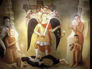 
John Snyder's painting, "Judgment and Creation," depicts the Archangel Gabriel, judging the life of the artist.

 (Image courtesy of Weinstein Gallery)