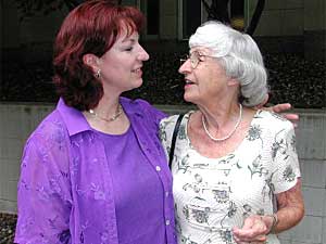 
Amy Hunt of Santa Maria, California is visiting her mother, Janet Woodhull of Minneapolis. Hunt was brought up in the  Episcopal church, but left the church for the Assembly of God. She opposes the gay union and election of a gay bishop, but Woodhull supports the changes.  (MPR Photo/Marisa Helms)