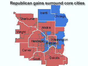 
Republicans have taken the suburbs as the sronghold of their party. The red shaded area represents Republican seats in the Legislature. Blue represents DFL districts. (Betsy Cole/MPR research dept.)