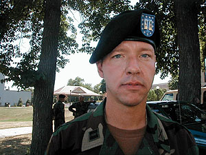 
One of the soldiers deploying to Europe is Capt.
Patrick Cornwell from St. Michael.   Cornwell says
the Minnesota National Guard troops are doing their
part in the war on terrorism. (MPR Photo/Mark Steil)