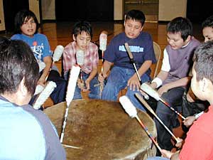 
Drummers at the Ponemah school. (MPR Photo/Tom Robertson)