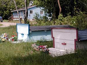 
Some of the homes in Ponemah have traditional family burial plots, called spirit houses, right in their front yards. The people here have closely guarded their traditional ways. 
 (MPR Photo/Tom Robertson)