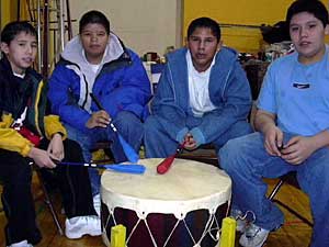 
Drummers from the Young Warrior Society. The leader of the group says the drum is a way to teach the boys discipline. He says some were flirting with trouble when they were invited to join the drum.
 (MPR Photo/Dan Gunderson)