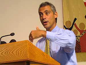 
Gutknecht was joined at the meeting by Illinois Democrat Rahm Emanuel, who said the momentum for a drug reimportation bill was started in part by Minnesotans who have been traveling to Canada to buy cheaper drugs. (MPR Photo/Laura McCallum)