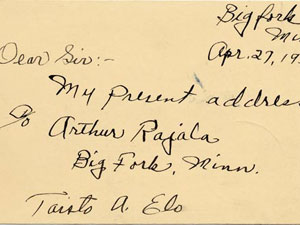 
A postcard from Taisto (Kenneth Enkel Papers, Box 1, Folder 1, Immigration History Research Center, University of Minnesota)