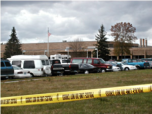 
The school was closed and roped off as a crime scene. (MPR Photo/Tim Post)