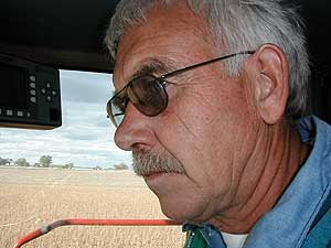 
Alan Velde at the controls of his combine.  He says he loves the fall harvest. (MPR Photo/Mark Steil)