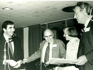 
Reps. Bruce Vento of Minnesota (left) and Phil Burton of California (far right) celebrate the final passage of the BWCA Wilderness Act with Bud and Fran Heinselman, 1978.  (Photo courtesy of Kevin Proescholdt)