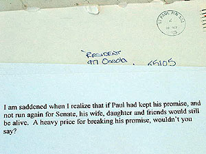 
Colleen Haney received this anonymous letter saying Sen. Wellstone would be alive had he kept his promise not to run for a third term. (MPR Photo/ Mark Zdechlik)
