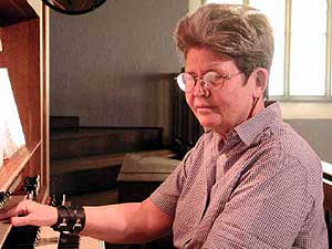 
Professor Marie-Louise Langlais at the organ in Duluth's Pilgrim Congregational Church. (MPR Photo/Stephanie Hemphill)