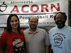 
From left: Becky Gomer, ACORN Executive Director; Jordan Ash, Director of the ACORN Housing Program; and Alton Bennett, President of ACORN Housing, in the organization's St. Paul office. (MPR Photo/Jeff Horwich)