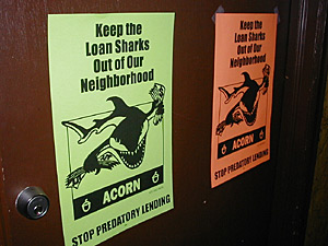
In addition to their call for legislation, ACORN has an active education campaign. The group posts and distributes fliers like these around the community. (MPR Photo/Jeff Horwich)