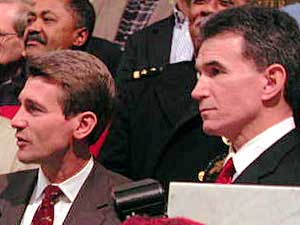 
Minneapolis Mayor R.T. Rybak, left, introduced his choice for the city's new police chief, William McManus, on Saturday. Now Rybak must convince a majority of the city council to support McManus. (MPR Photo/Art Hughes)