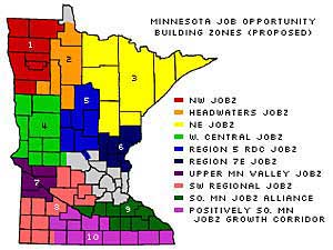 
The 10 proposed tax-free Job Opportunity Building Zones (JOBZ). Only nine counties in Minnesota, around the metro area, are not included in the program, which is intended as an economic boost for greater Minnesota. Each of the larger zones includes dozens of non-continguous subzones, which are further subdivided into separate parcels. (MPR Graphic/Ben Tesch, data courtesy of the Department of Employment and Economic Development)
