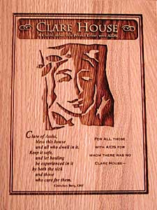 
Clare House is named for St. Clare of Assisi, who co-founded the Order of Poor Ladies, or Clares, around 1212.
The plaque reads, "Clare of Assisi, 
Bless this house and all who dwell in it.
Keep it safe, and let healing be experienced in it
By both the sick and those who care for them." (MPR Photo/Greta Cunningham)