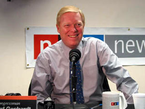 
Rep. Dick Gephardt of Missouri said that if he
wins the White House, he would reverse Bush's program to develop of
tactical nuclear weapons and limit work on a missile defense shield
to research, at least for the time being.
 (Photo: John Keator, NPR News)