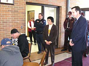 
A drum group sang a traditional Ojibwe honor song when Gov. Pawlenty arrived.  (MPR photo/Tom Robertson)